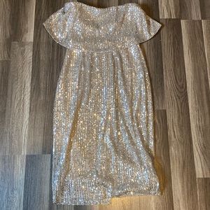 lulus Beaded midi strapless silver/ivory dress strapless